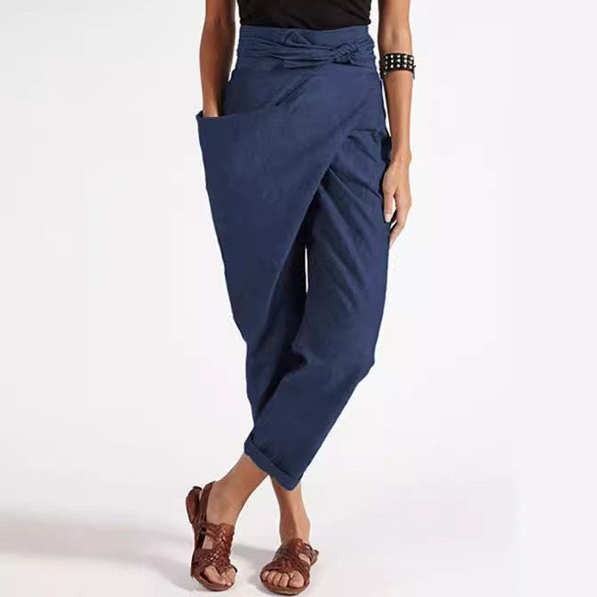 Linen Pants with High Waist and Wrap Front for Women