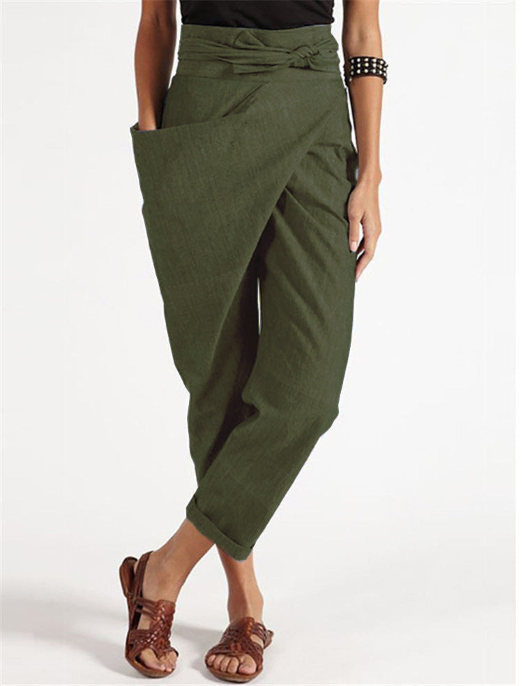 Linen Pants with High Waist and Wrap Front for Women