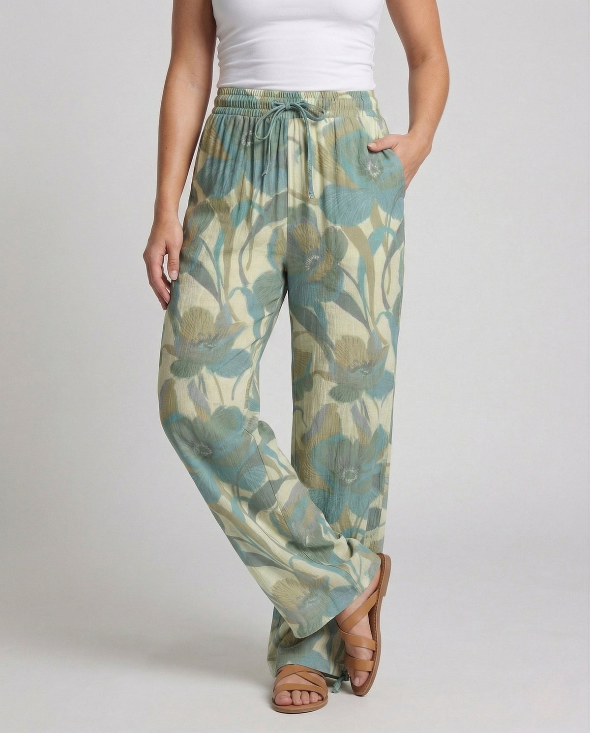 Linen Pants with Jacquard and Wide Legs for Women