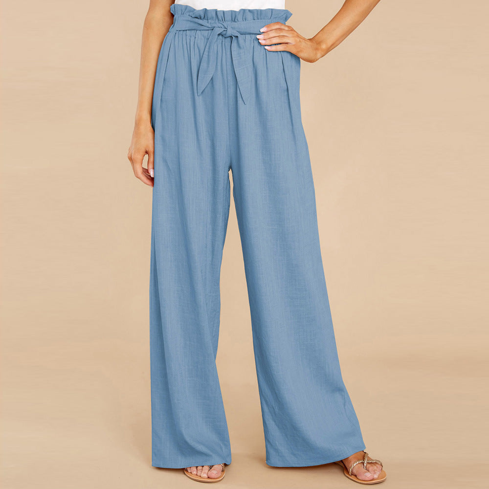 Linen Pants with Paperbag Waist and Wide Legs for Women