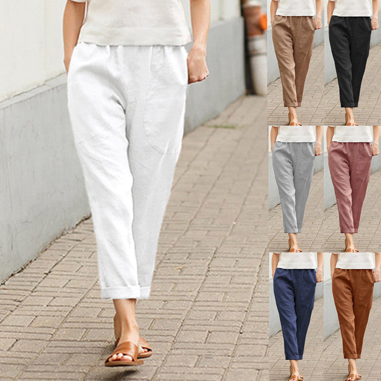 Linen Pants with Tapered Legs and Rolled Hems for Women