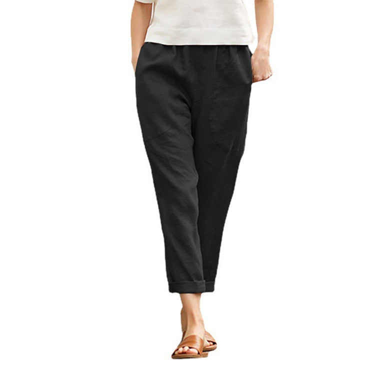 Linen Pants with Tapered Legs and Rolled Hems for Women