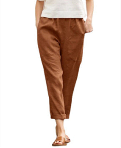 Linen Pants with Tapered Legs and Rolled Hems for Women