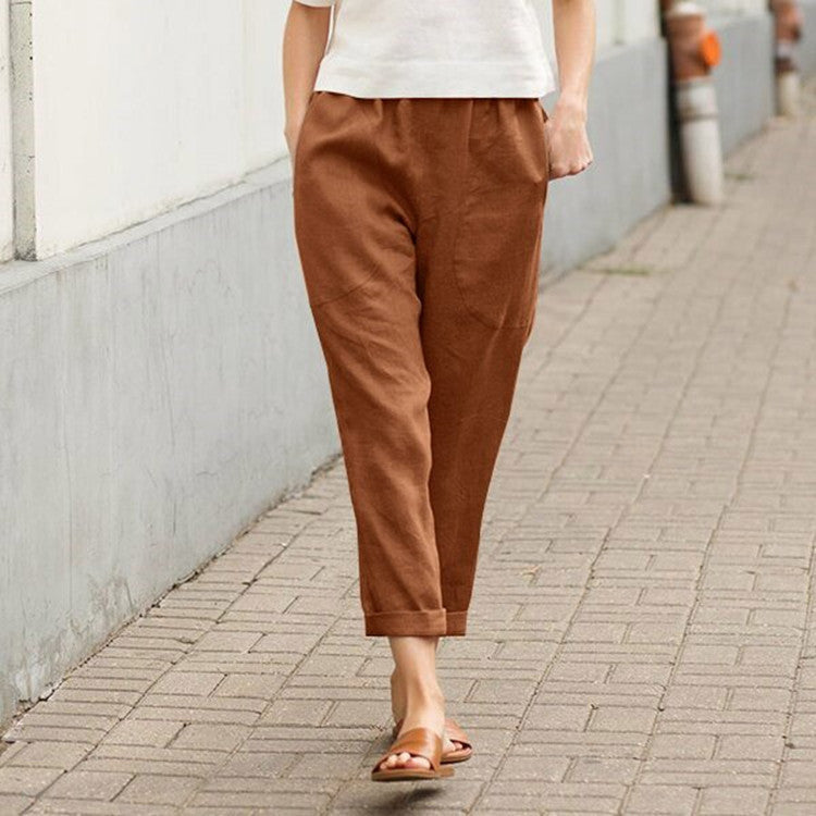 Linen Pants with Tapered Legs and Rolled Hems for Women