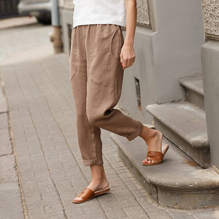 Linen Pants with Tapered Legs and Rolled Hems for Women