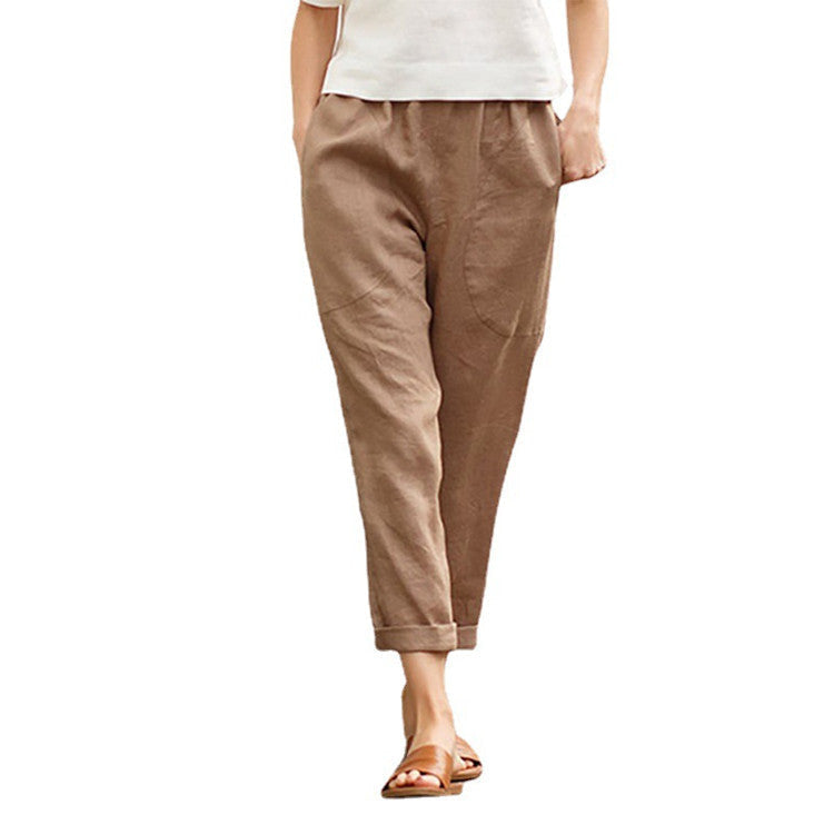 Linen Pants with Tapered Legs and Rolled Hems for Women