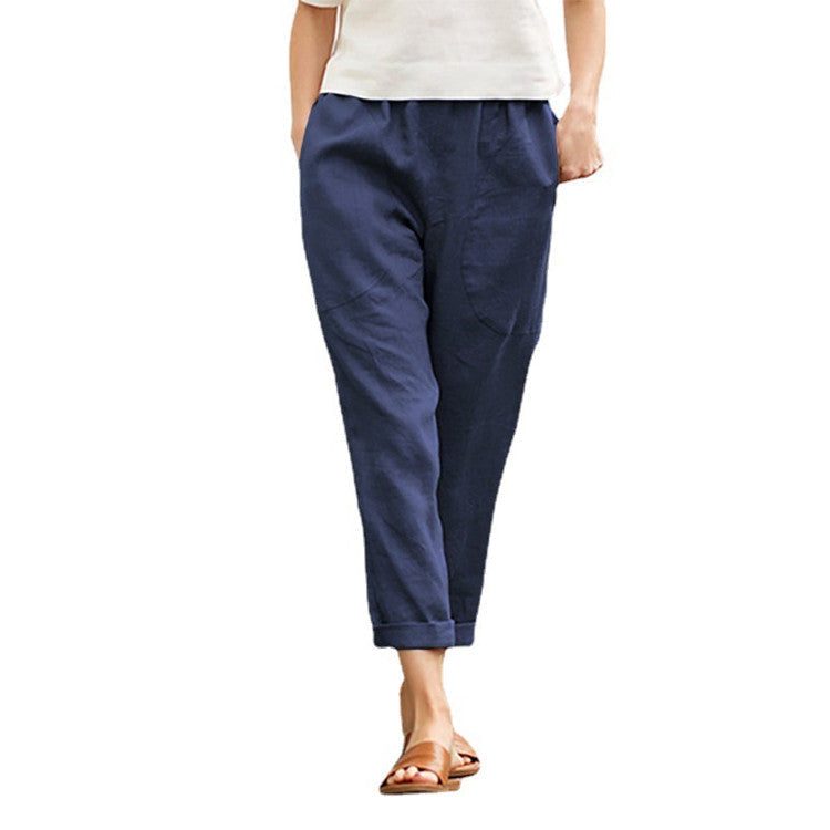 Linen Pants with Tapered Legs and Rolled Hems for Women