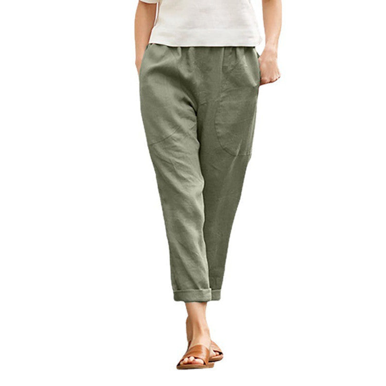 Linen Pants with Tapered Legs and Rolled Hems for Women