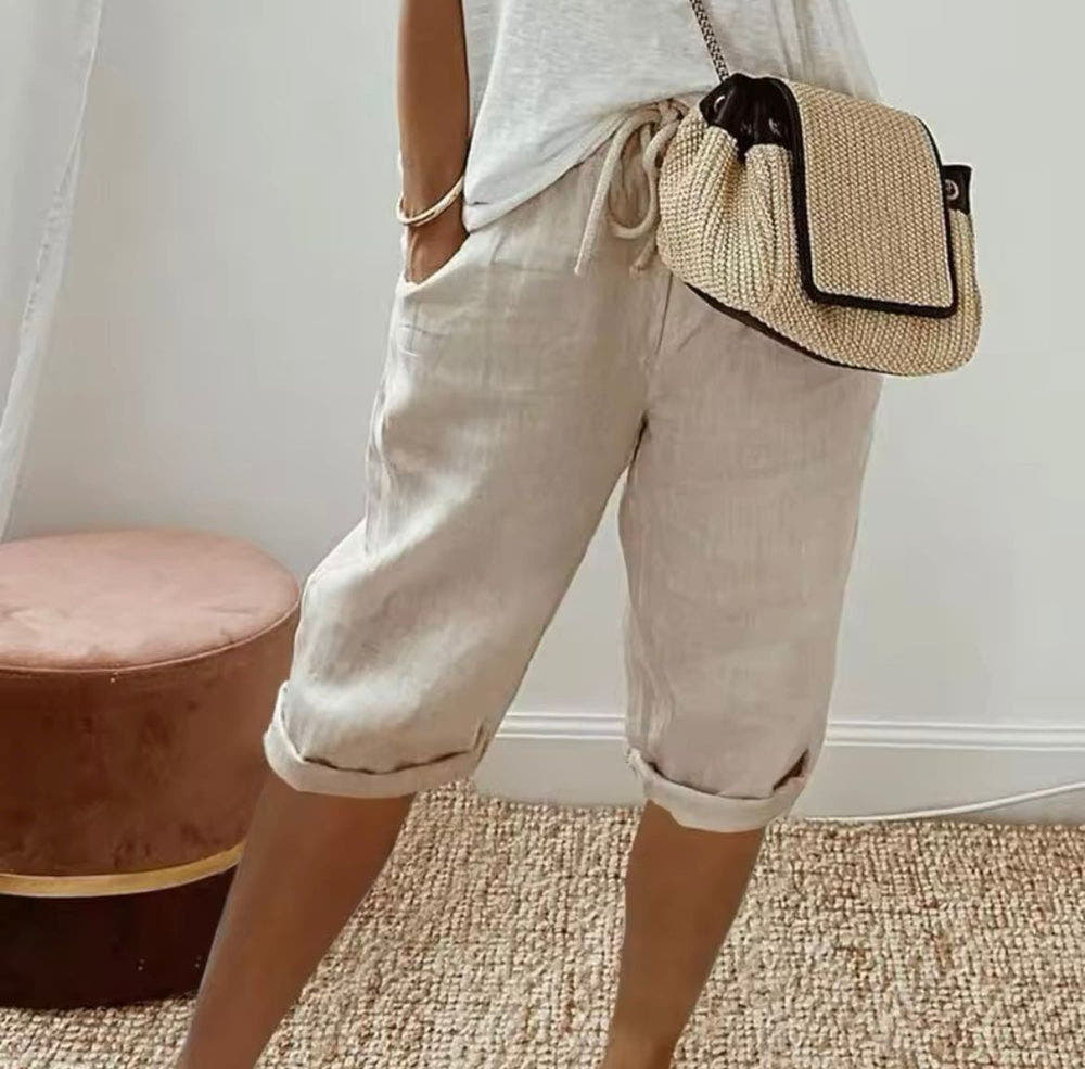 Linen Shorts with Relaxed Fit and Rolled Hems