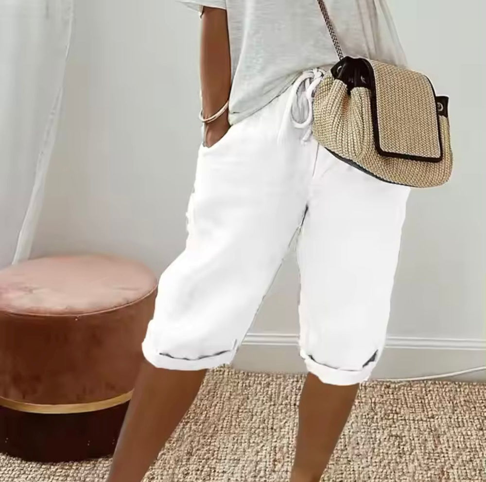Linen Shorts with Relaxed Fit and Rolled Hems