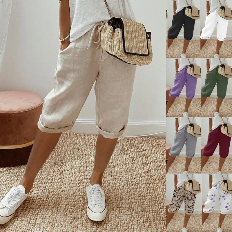 Linen Shorts with Relaxed Fit and Rolled Hems