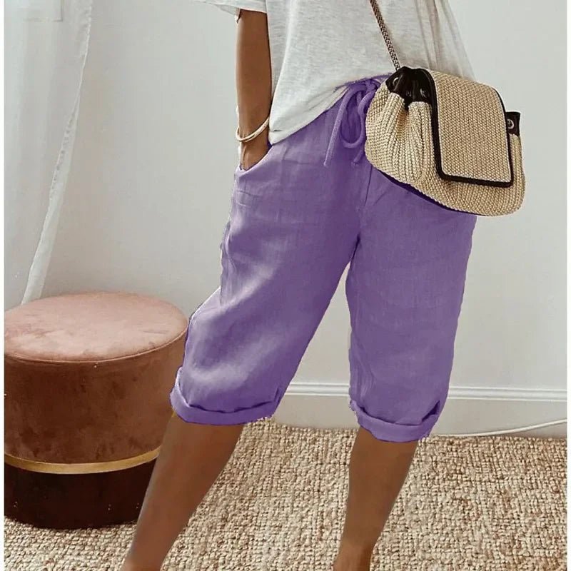 Linen Shorts with Relaxed Fit and Rolled Hems