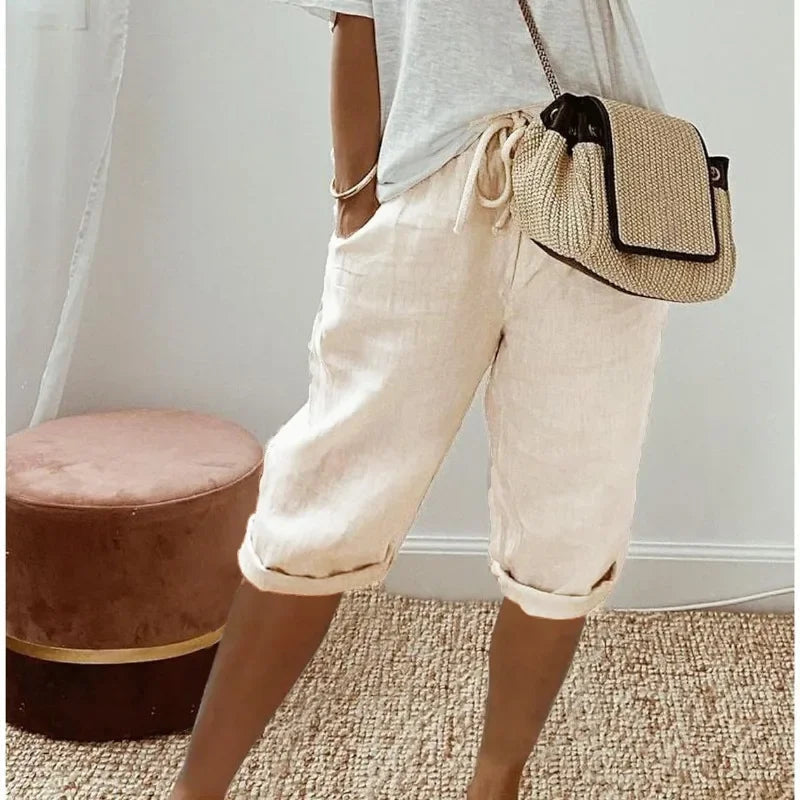 Linen Shorts with Relaxed Fit and Rolled Hems