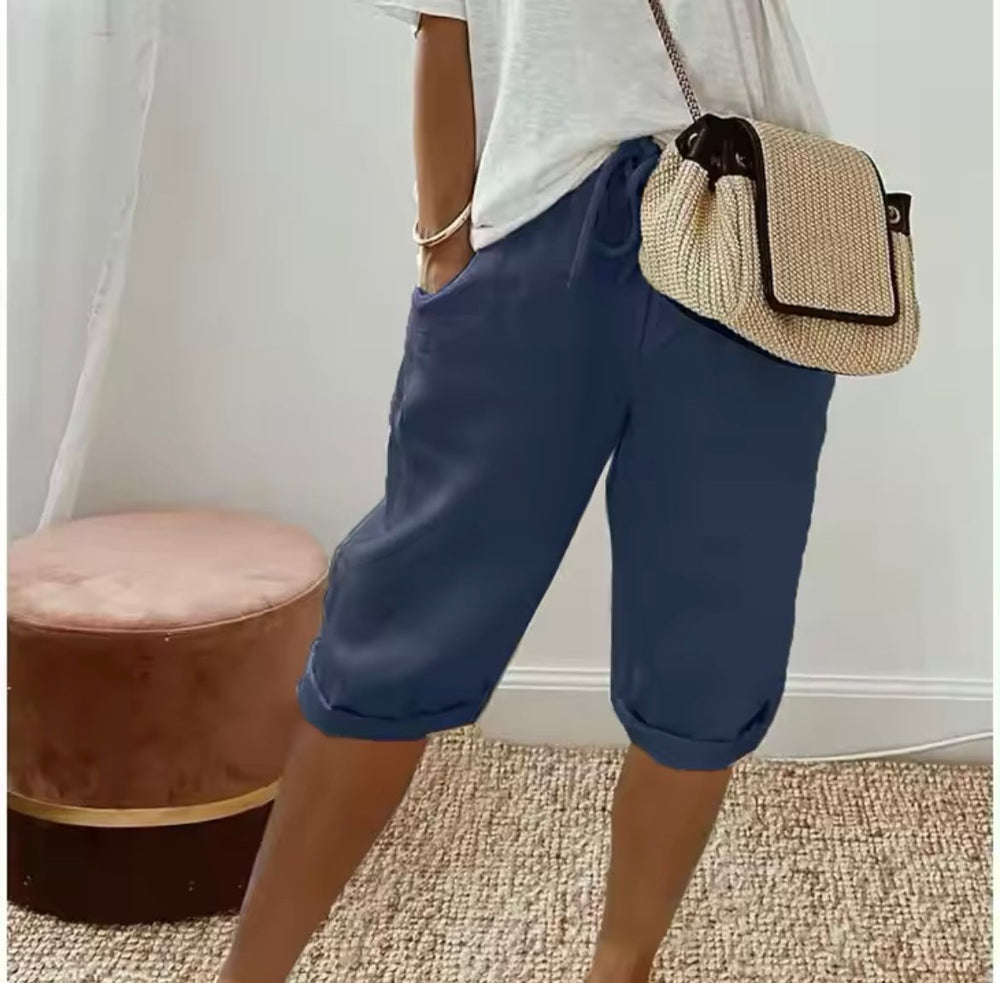 Linen Shorts with Relaxed Fit and Rolled Hems