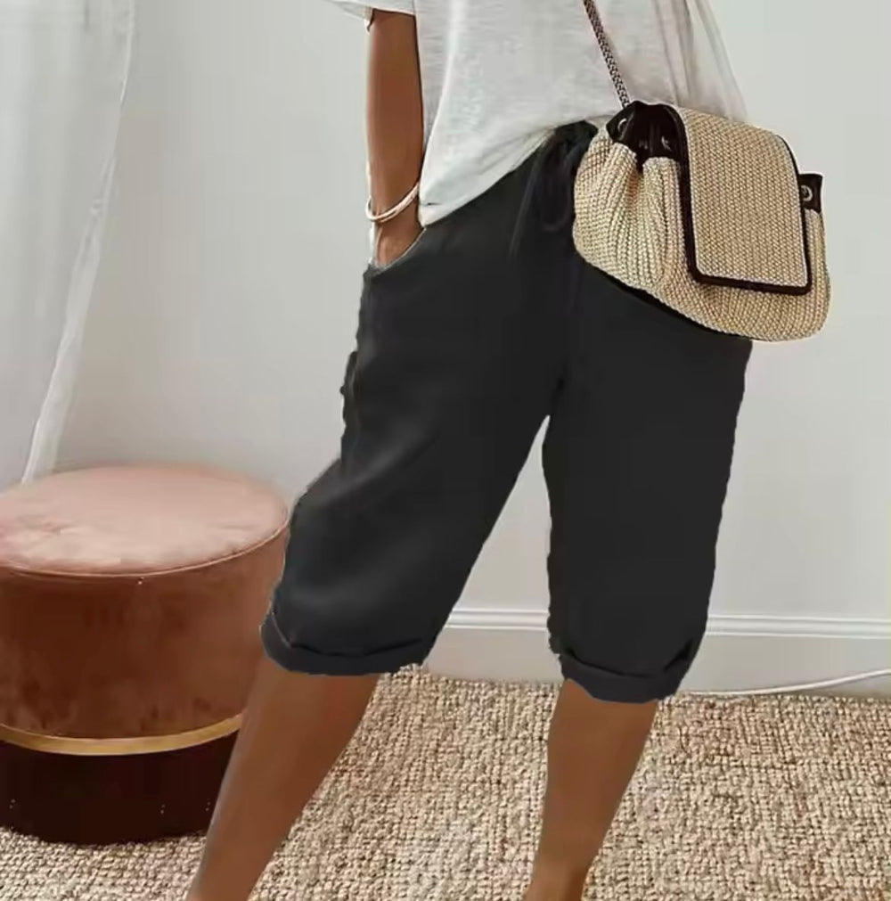 Linen Shorts with Relaxed Fit and Rolled Hems