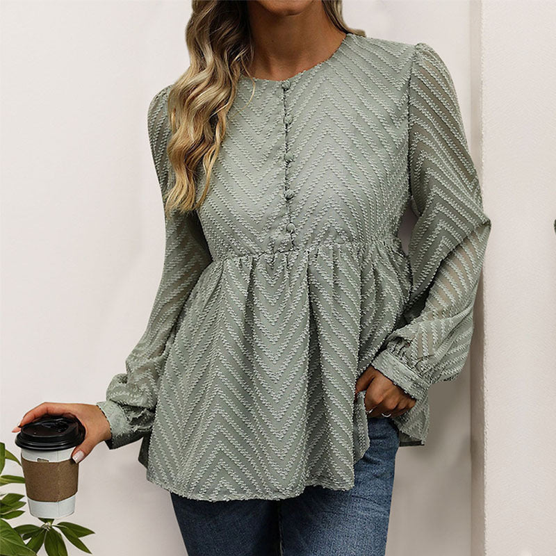 Long Sleeve Top with Chevron Texture and Peplum for Women