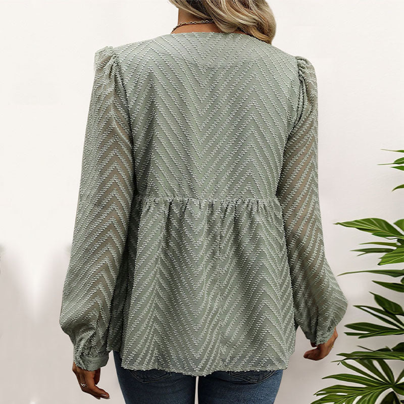 Long Sleeve Top with Chevron Texture and Peplum for Women