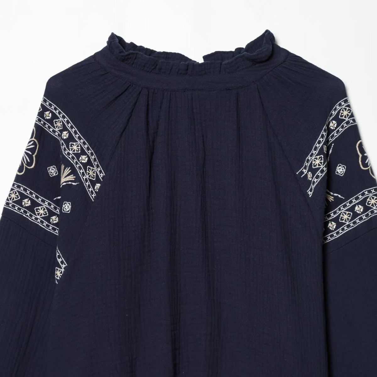 Long Sleeve Top with Embroidery and Stand Collar for Women