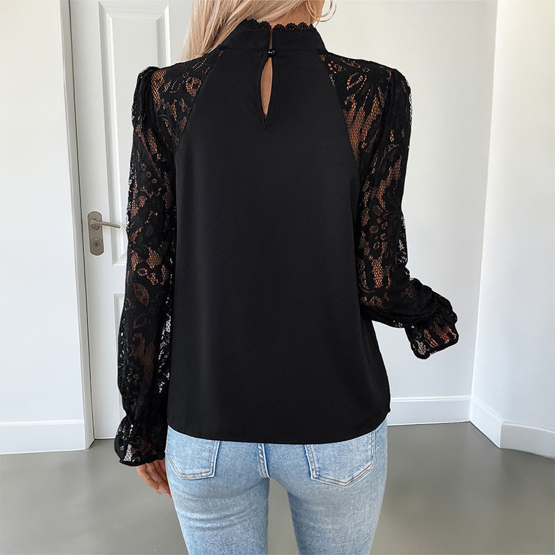 Long Sleeve Top with Lace and Stand Collar for Women