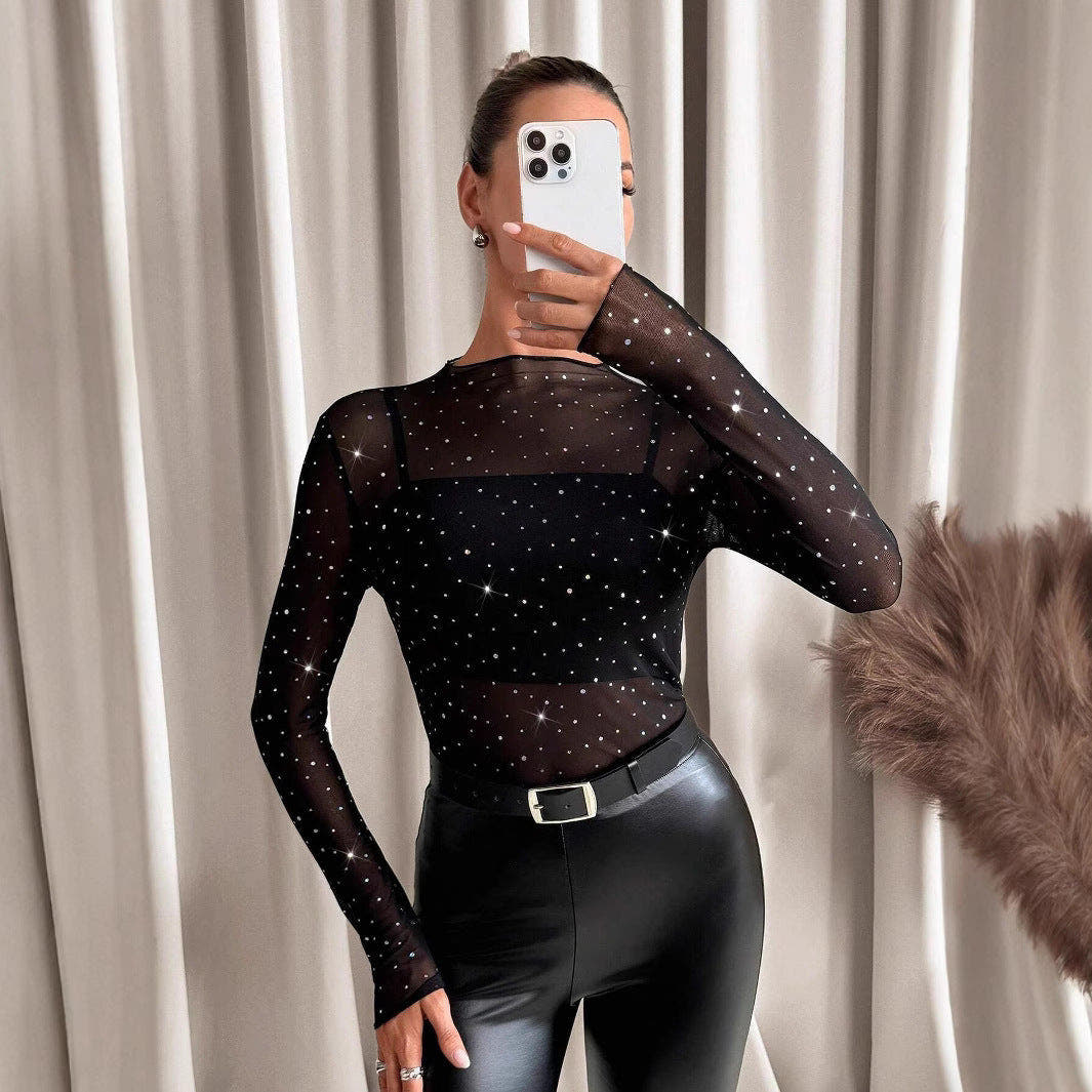 Long Sleeve Top with Mesh and Rhinestones for Women