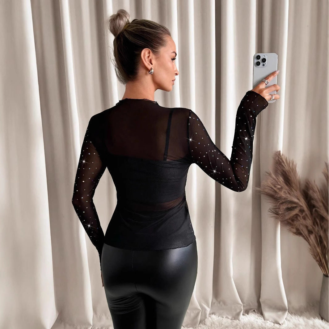Long Sleeve Top with Mesh and Rhinestones for Women