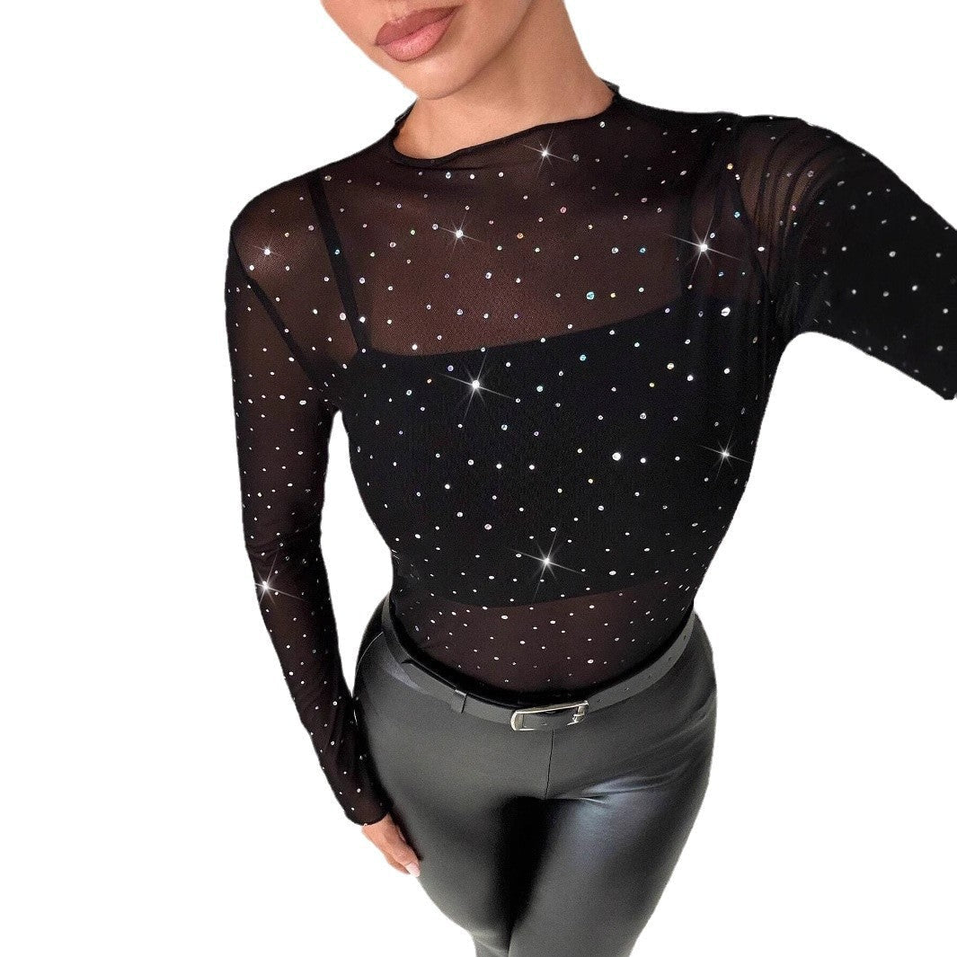 Long Sleeve Top with Mesh and Rhinestones for Women