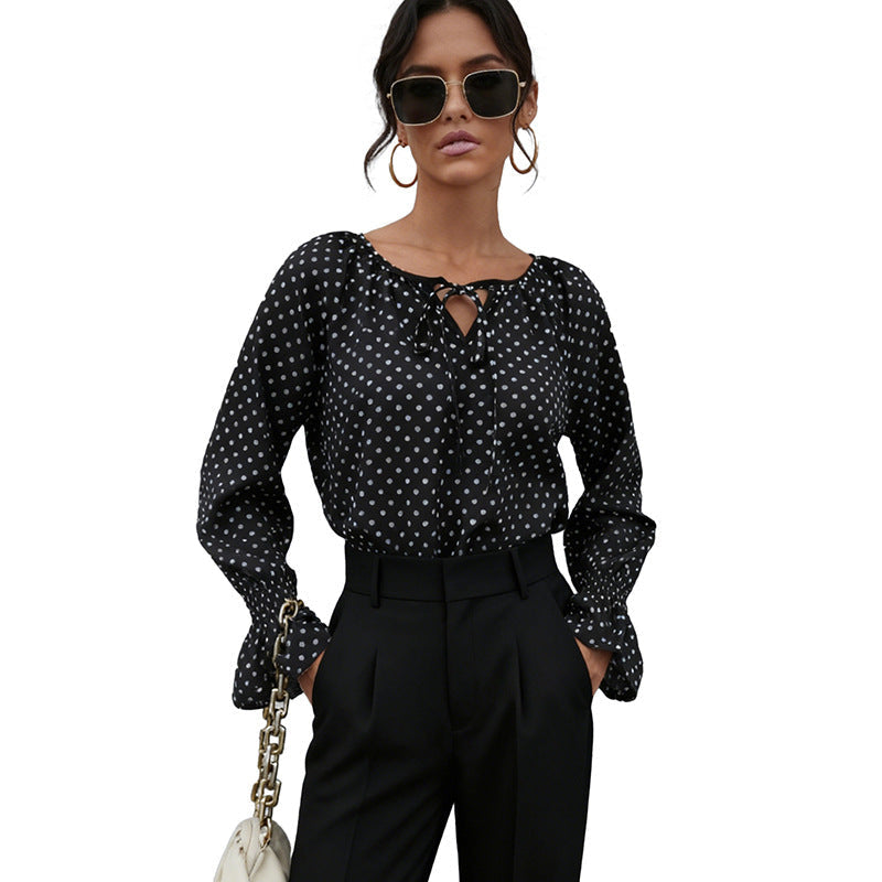 Long Sleeve Top with Polka Dots and Tie Neck for Women