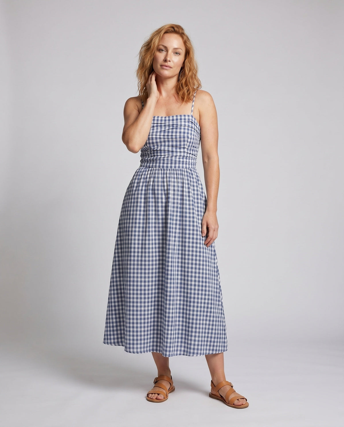 Maxi Dress with Checks and Slim Straps for Women