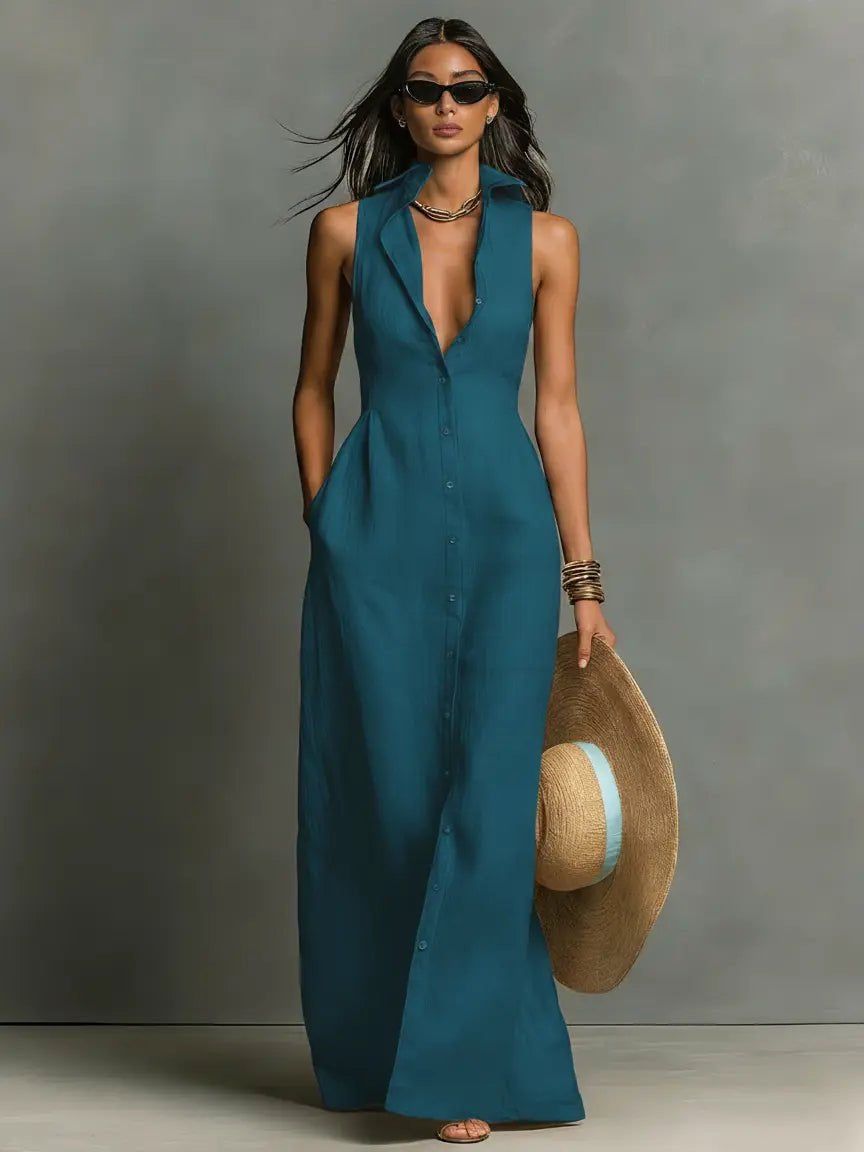 Maxi Dress with Collar and Button Front for Women