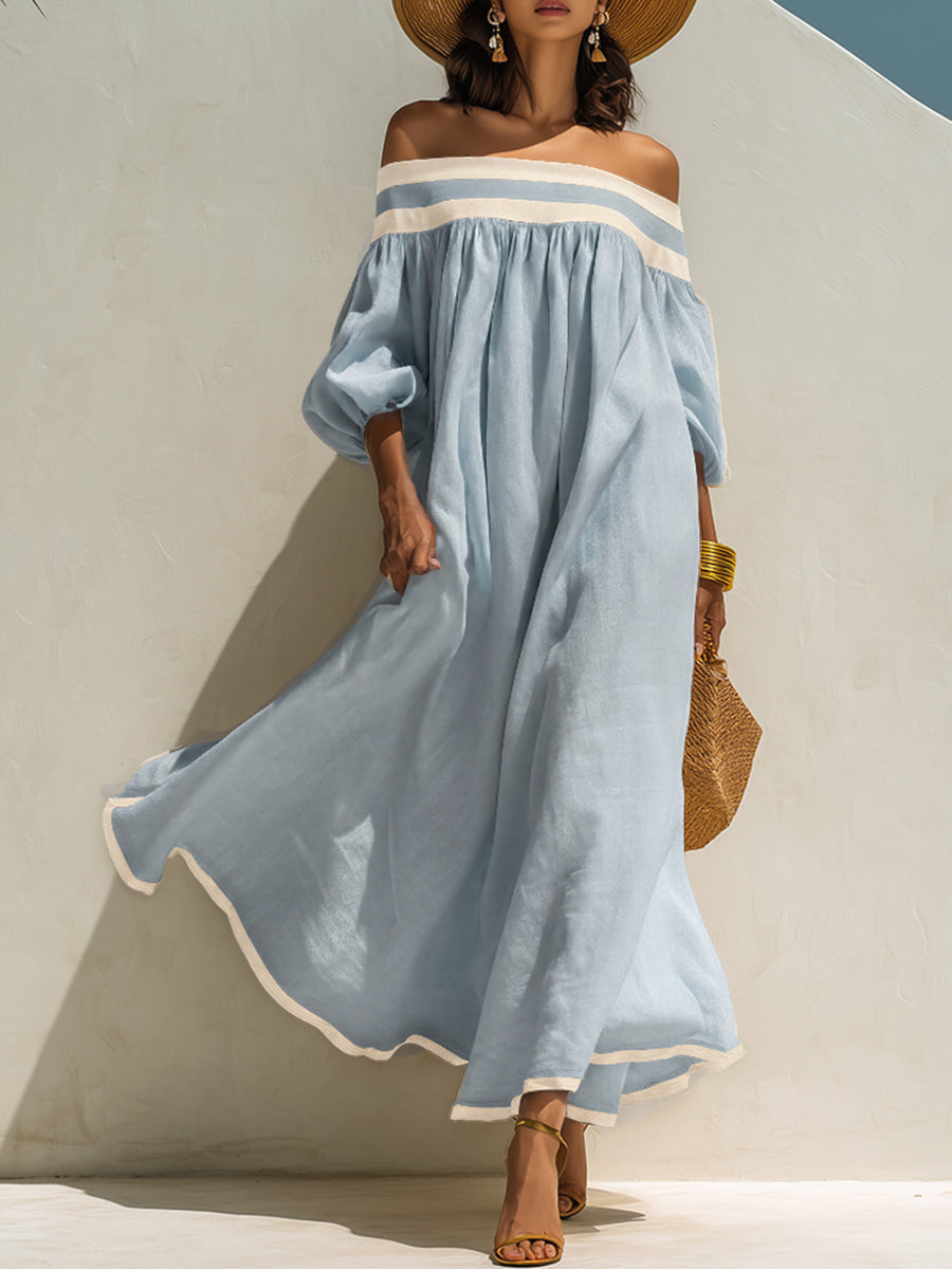 Maxi Dress with Colour Blocking and Off-the-Shoulder Neckline