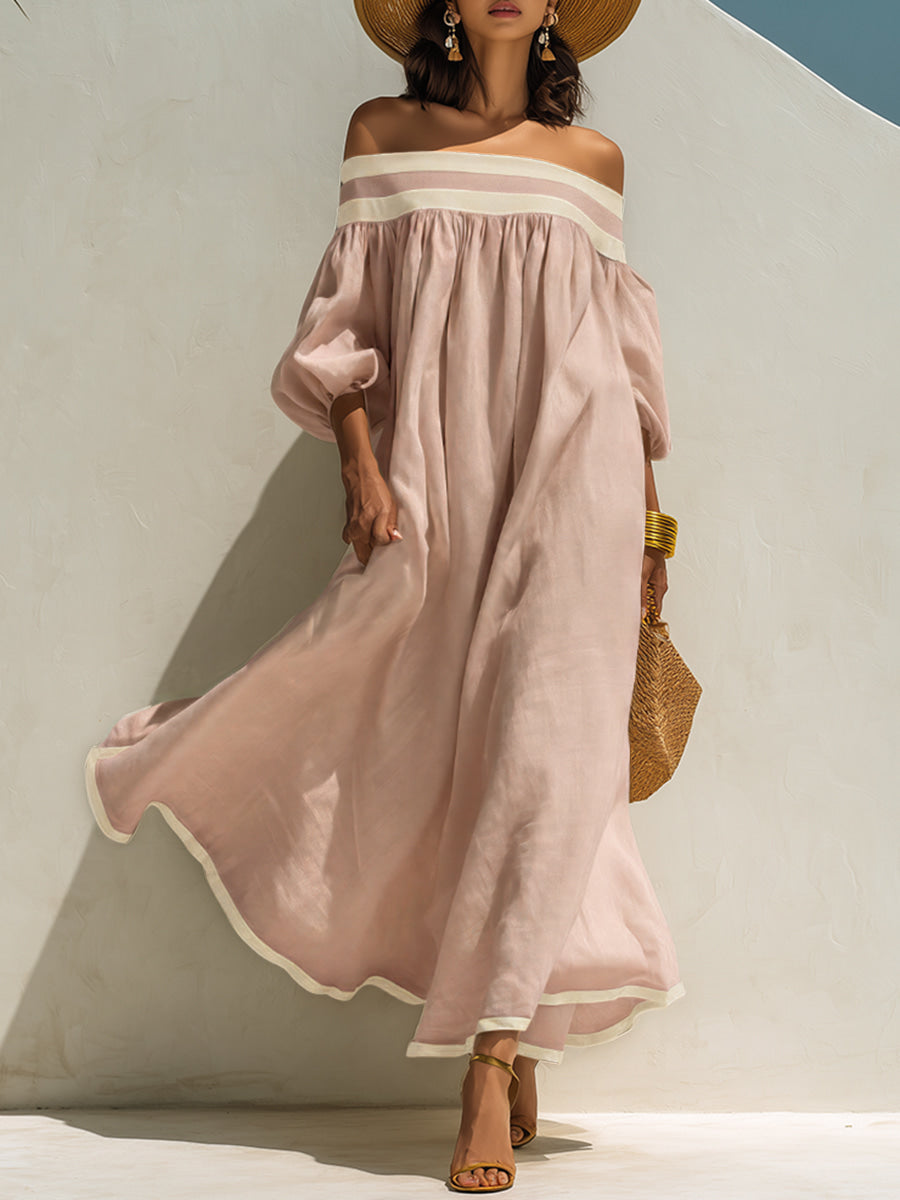 Maxi Dress with Colour Blocking and Off-the-Shoulder Neckline