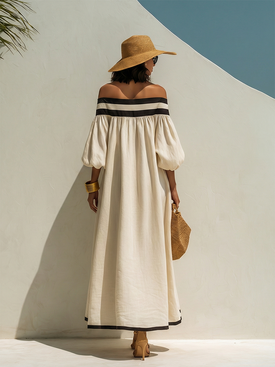 Maxi Dress with Colour Blocking and Off-the-Shoulder Neckline