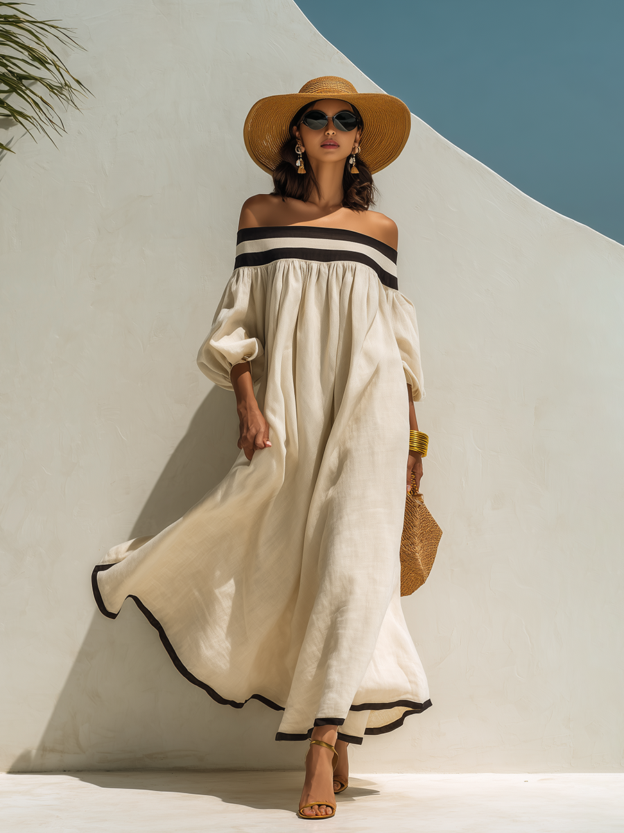 Maxi Dress with Colour Blocking and Off-the-Shoulder Neckline