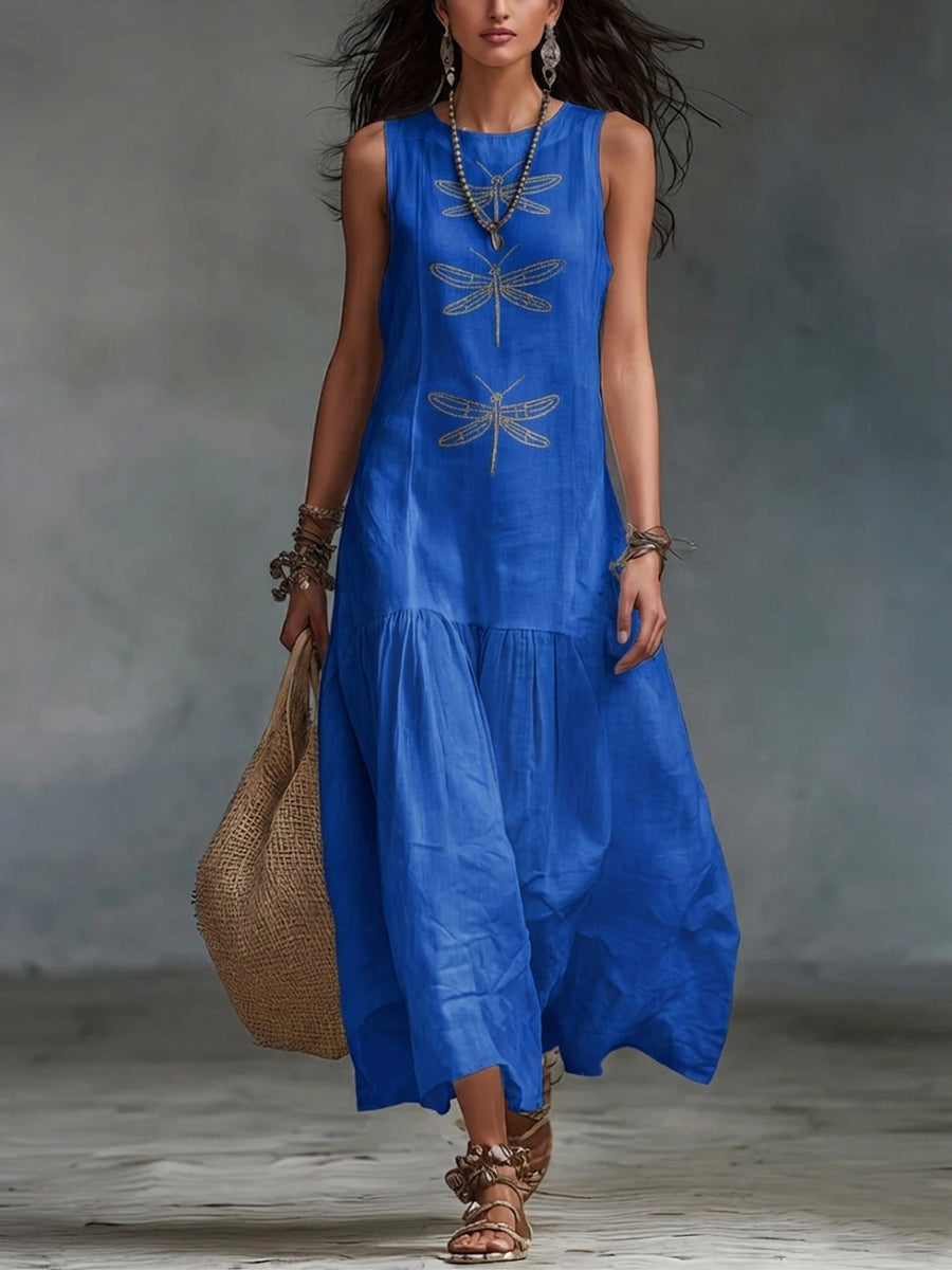 Maxi Dress with Dragonfly Embroidery and Sleeveless Cut for Women