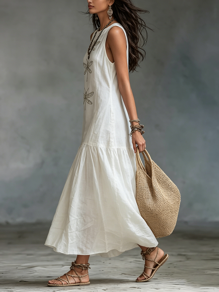 Maxi Dress with Dragonfly Embroidery and Sleeveless Cut for Women