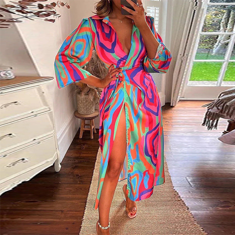 Maxi Dress with Floral Pattern and Slit for Women