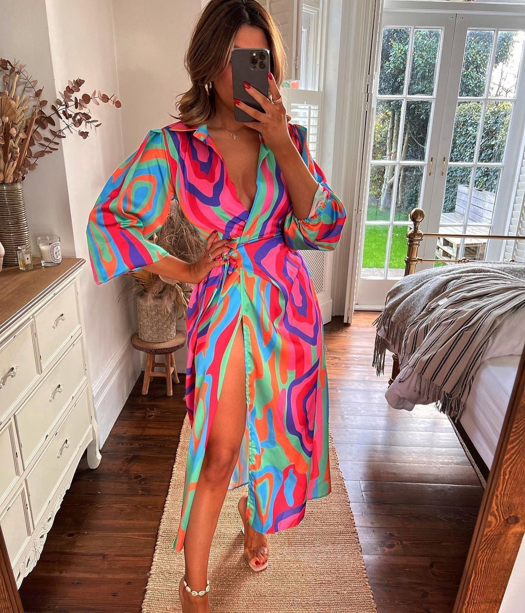 Maxi Dress with Floral Pattern and Slit for Women