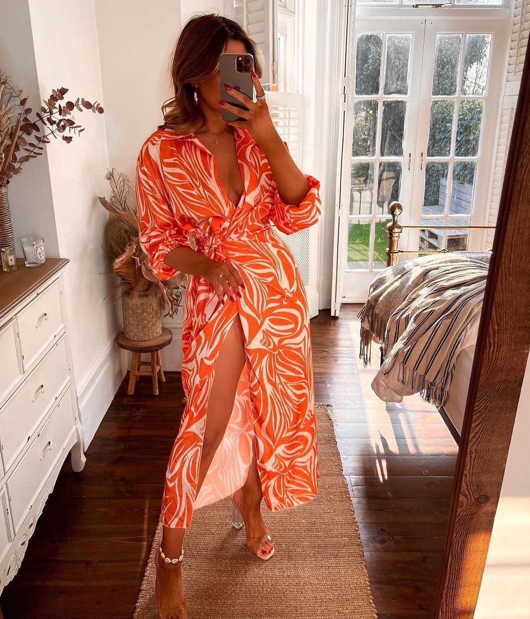 Maxi Dress with Floral Pattern and Slit for Women