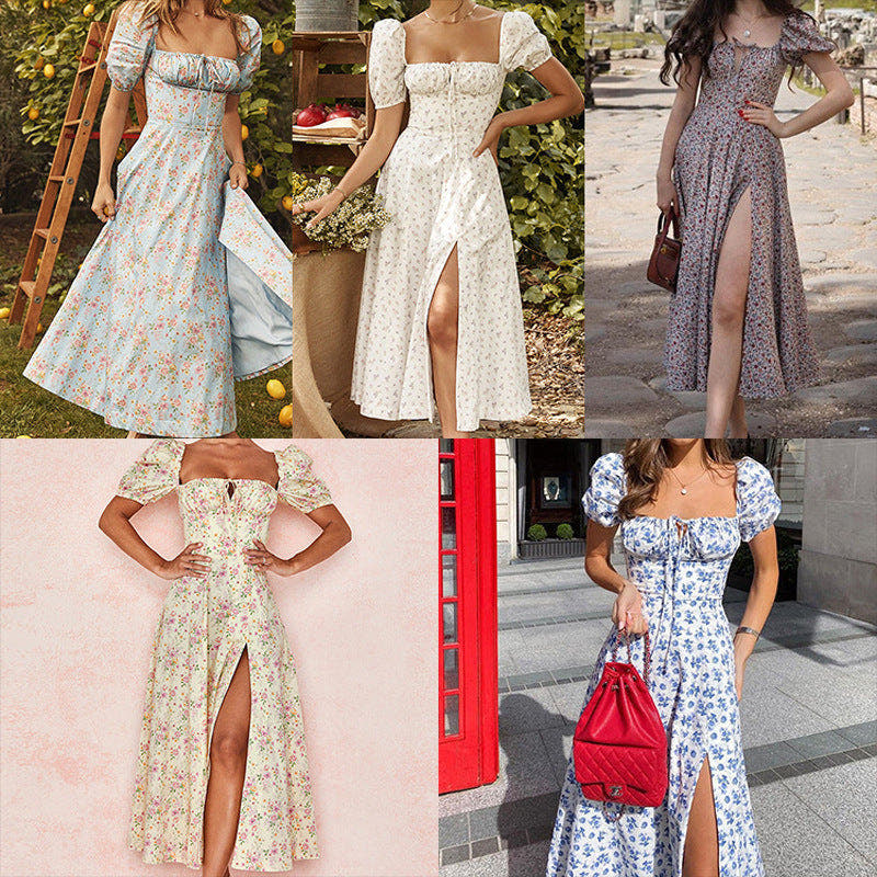 Maxi Dress with Floral Print and Puff Sleeves for Women