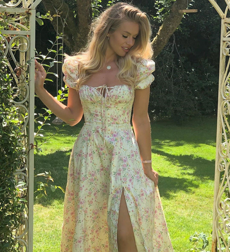 Maxi Dress with Floral Print and Puff Sleeves for Women