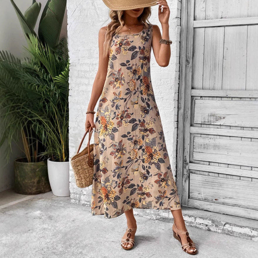 Maxi Dress with Floral Print and Sleeveless Cut for Women