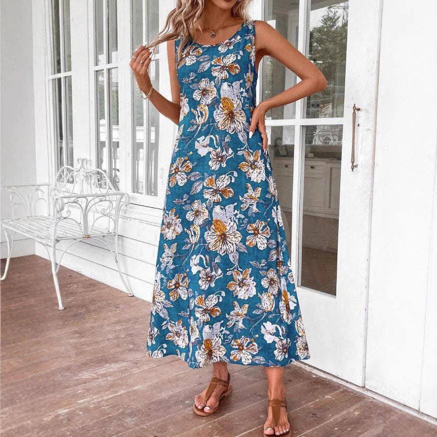 Maxi Dress with Floral Print and Sleeveless Cut for Women