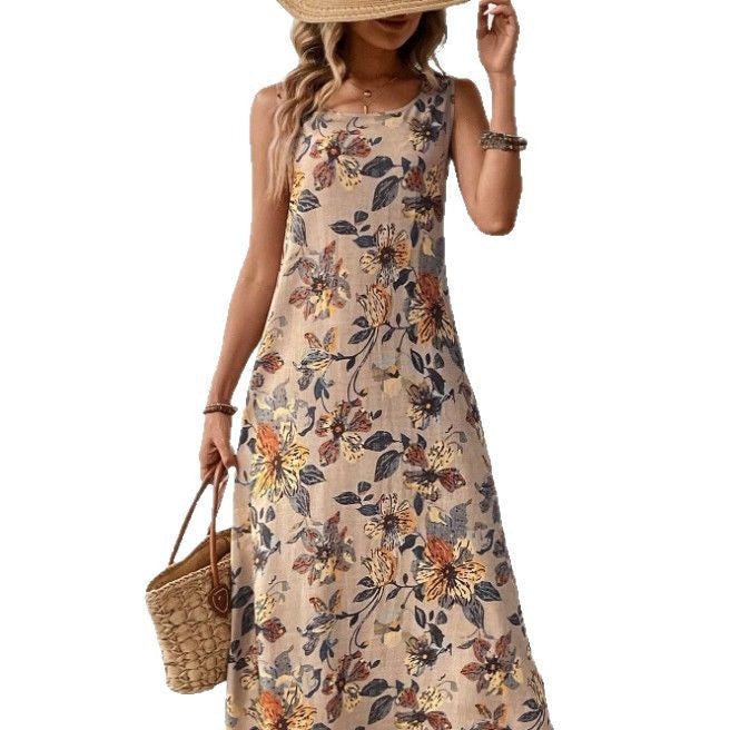 Maxi Dress with Floral Print and Sleeveless Cut for Women