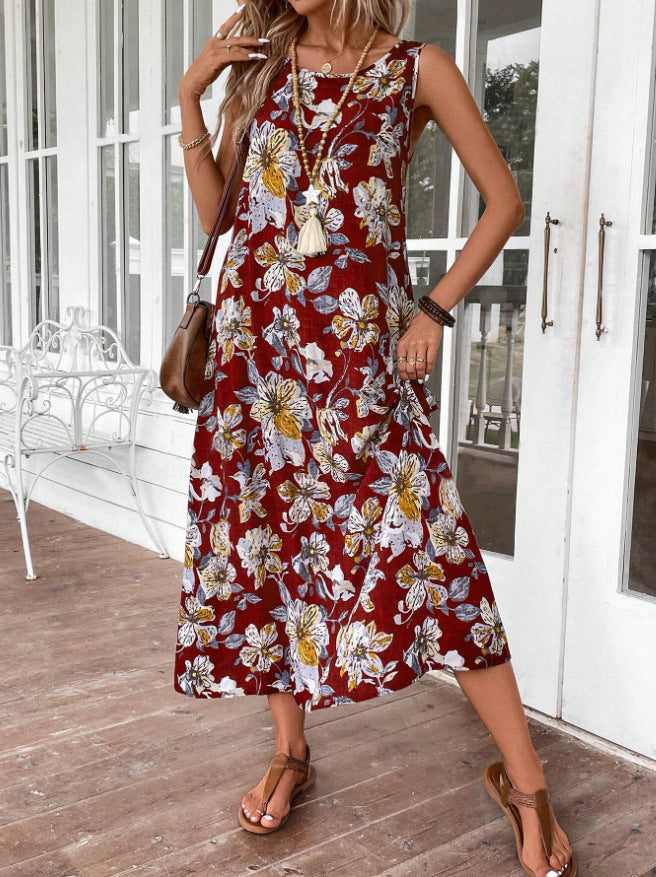 Maxi Dress with Floral Print and Sleeveless Cut for Women