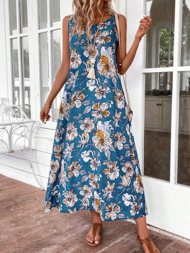 Maxi Dress with Floral Print and Sleeveless Cut for Women