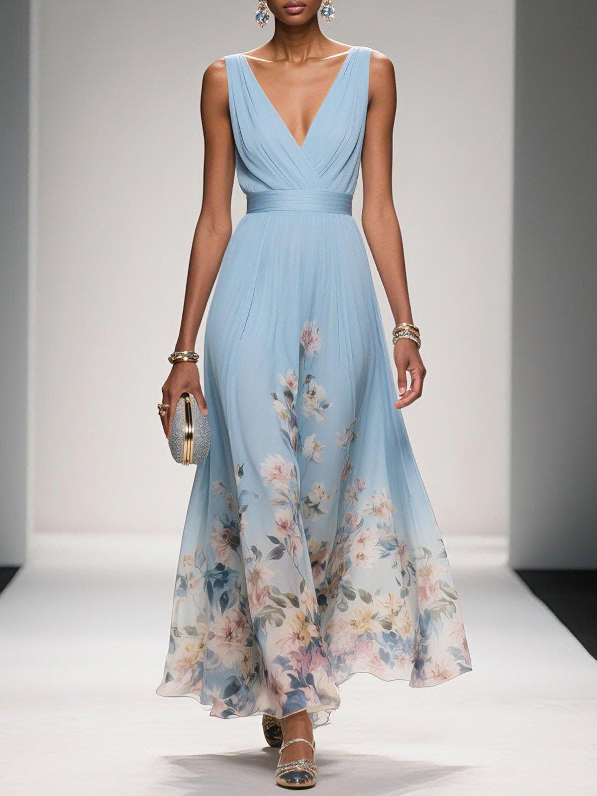 Maxi Dress with Floral Print and V-Neck and A-Line Cut for Women