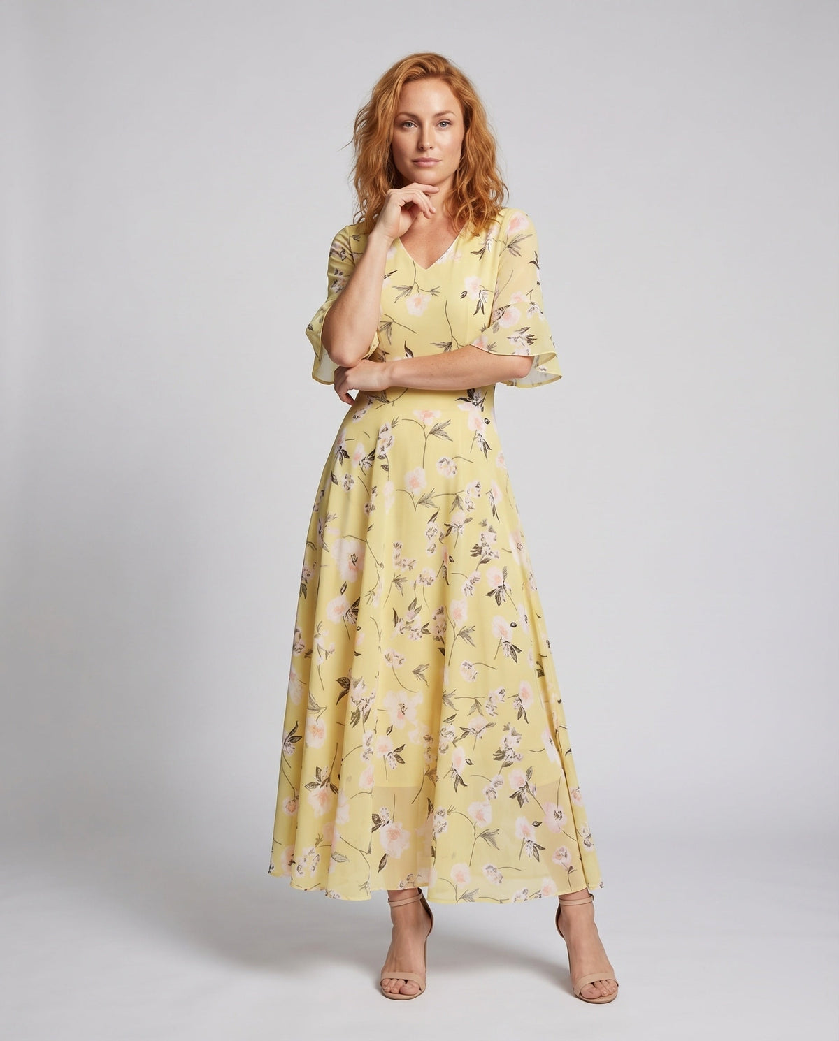 Maxi Dress with Floral Print and V-Neck for Women