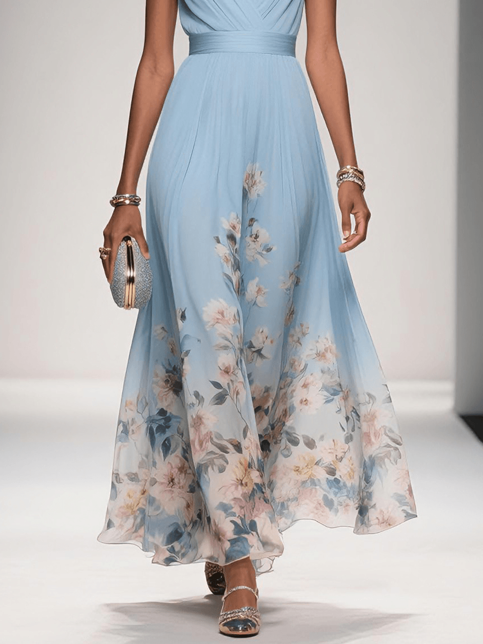 Maxi Dress with Floral Print and V-Neck and A-Line Cut for Women