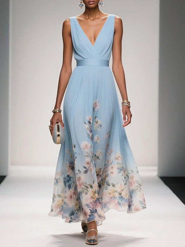 Maxi Dress with Floral Print and V-Neck and A-Line Cut for Women