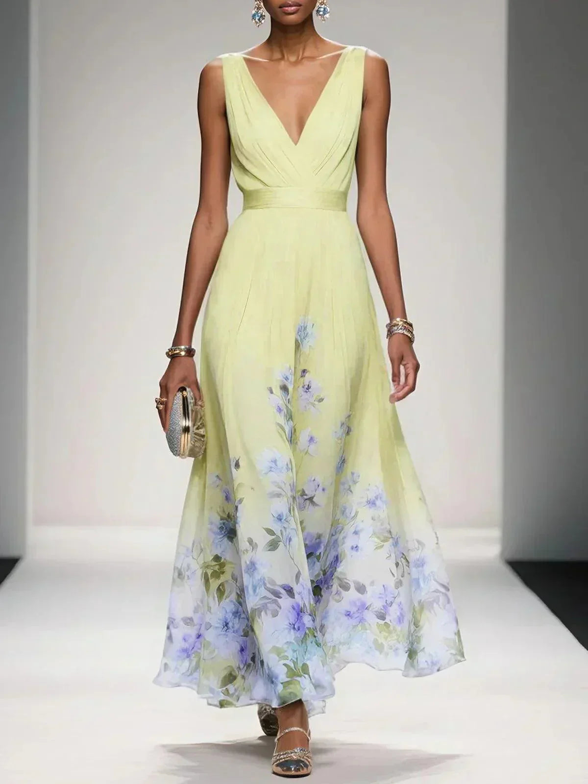 Maxi Dress with Floral Print and V-Neck and A-Line Cut for Women